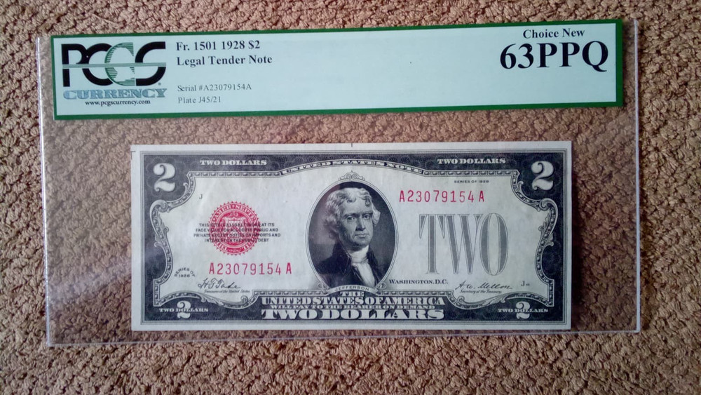 18-SUP.EXTR.RARE 1928 PLAIN $2 TWO DOLLAR SPEC. FEATURE SER. NOTE,CU,PCGS 63,PPQ
