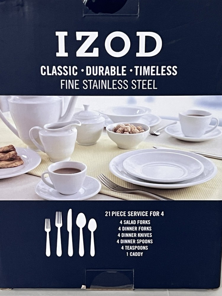 New Flatware Izod w/Caddy Fine Stainless Steel Pattern Handle 21pc Modern Glossy