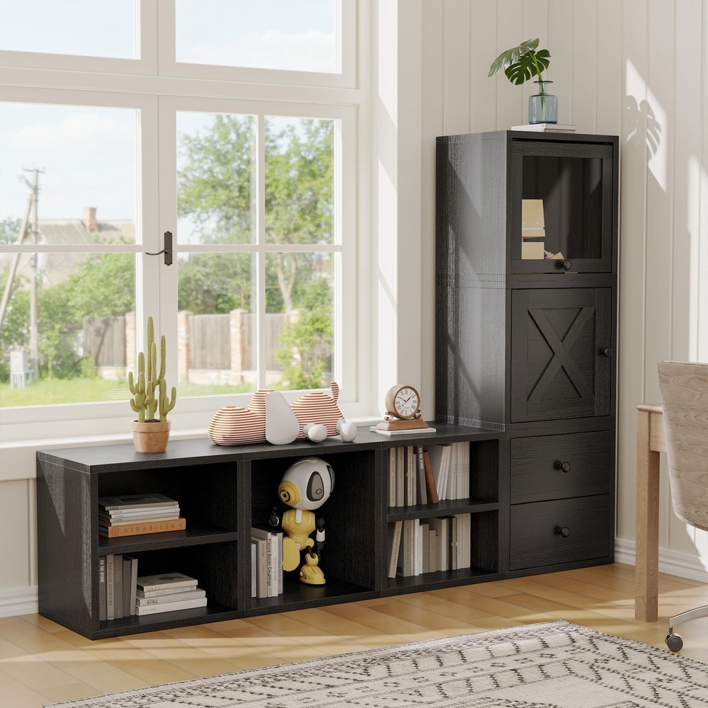 FUSUNBAO Stackable Cube Storage Organizer Modular Cubby Glass Door Black