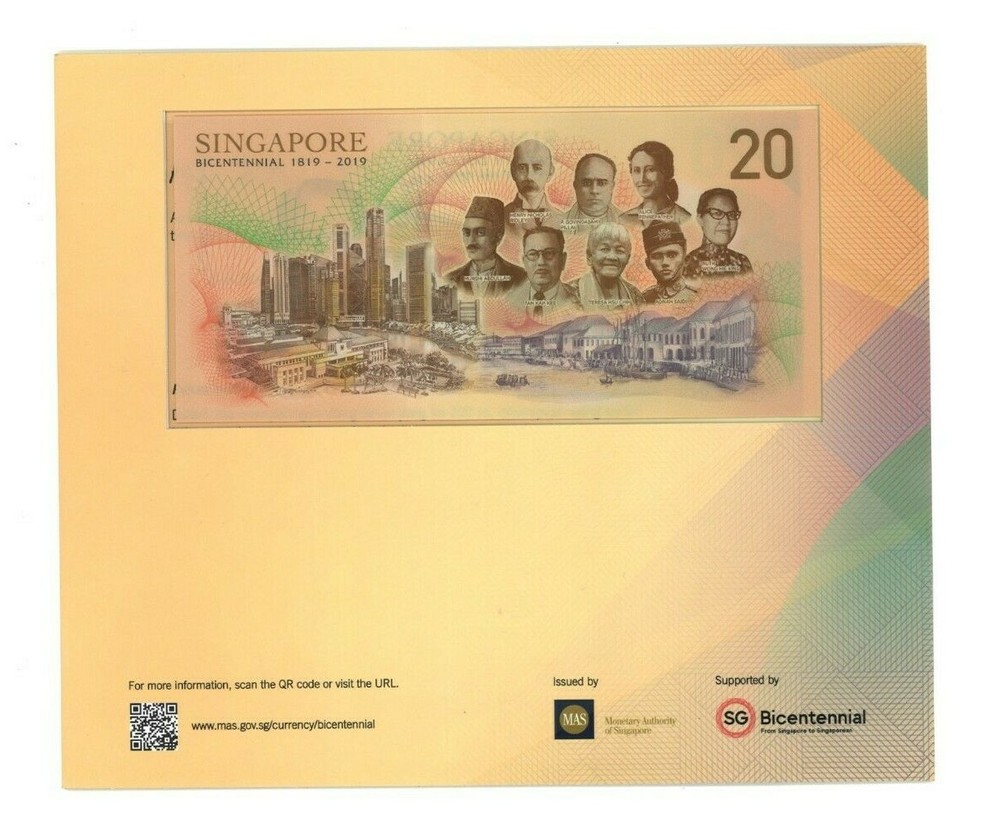 Singapore Bicentennial Commemorative 20 Dollars 2019 Polymer Gem UNC with Folder
