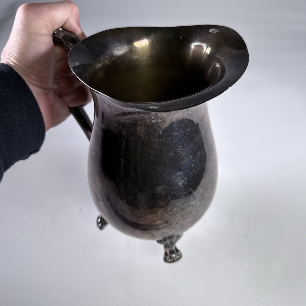 Vintage Leonard Silverplate Water Pitcher Paw Feet Scroll Handle