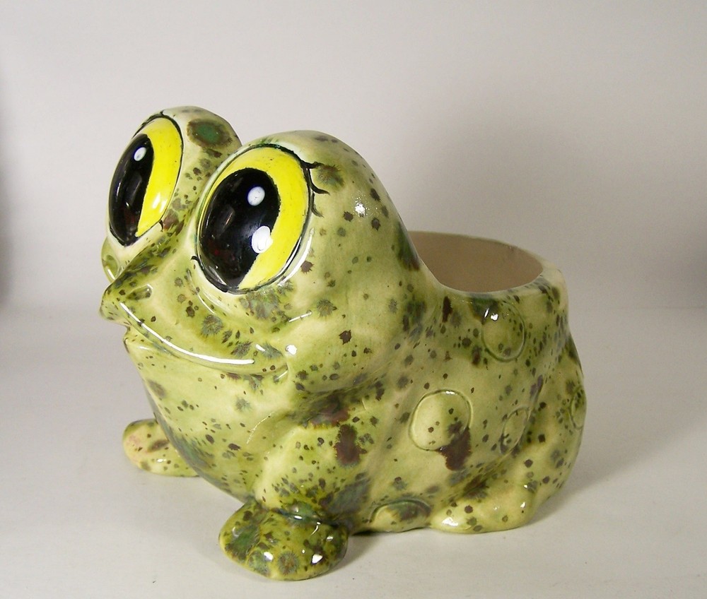 Ceramic Green Frog Toad Big Eyes Planter Kitchen Sponge Holder Pottery