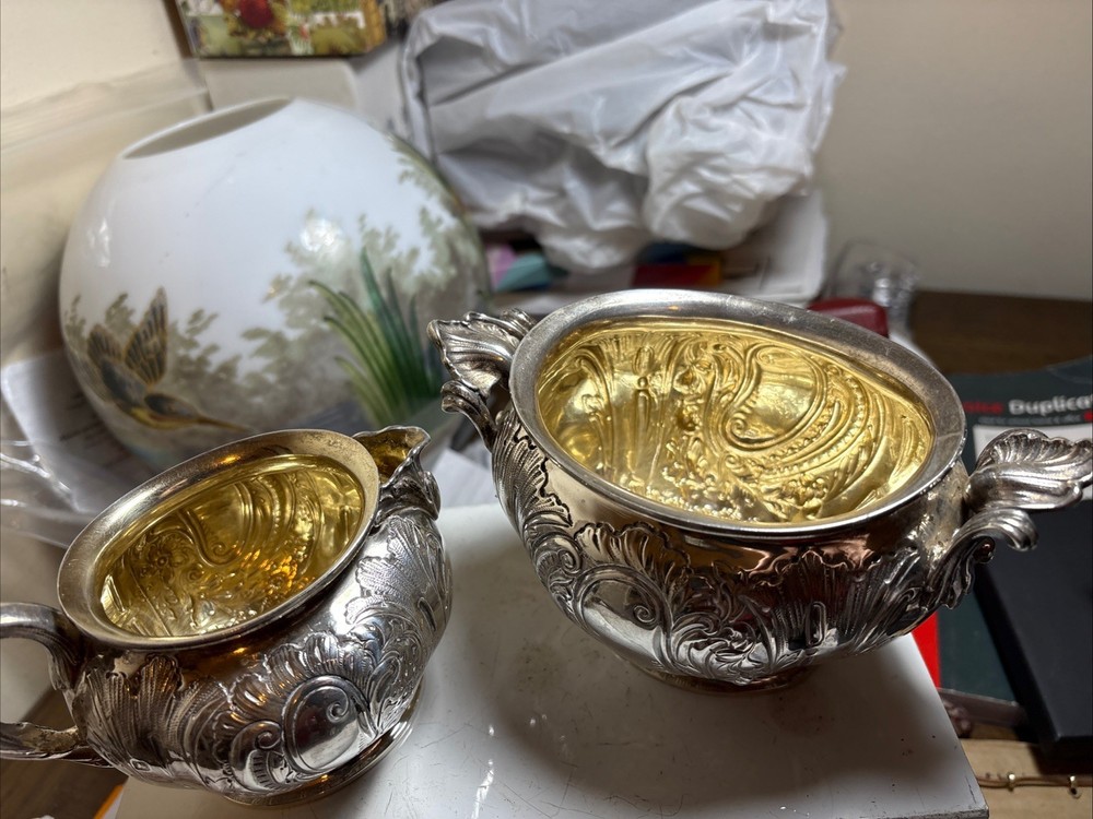 Antique Victorian Solid silver embossed Cream Jug&Sugar Elkington&co 1897.