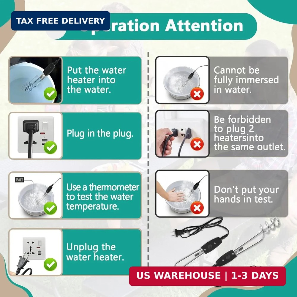 2 Pcs 1000W-110V Immersion Water Heater - 10in Immersion Electric Water Heater -