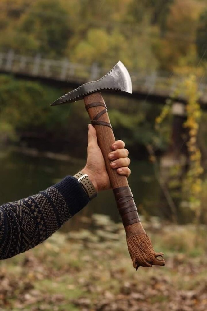 Hand-Forged Axe with Wolf-Shaped Engraved Handle – Display or Gift for Him