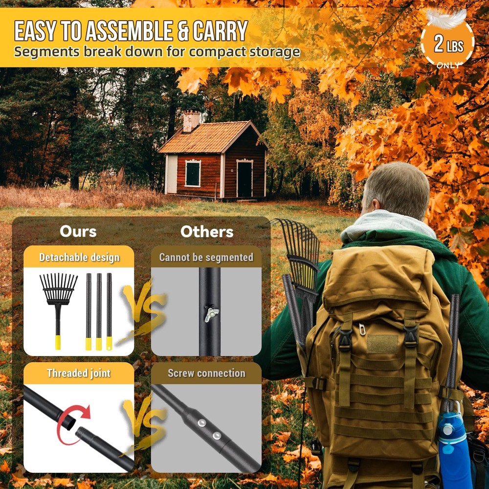 Leaf Rake, Small Rake for Leaves with 30"-60" Adjustable Long Handle, 11 Tine...