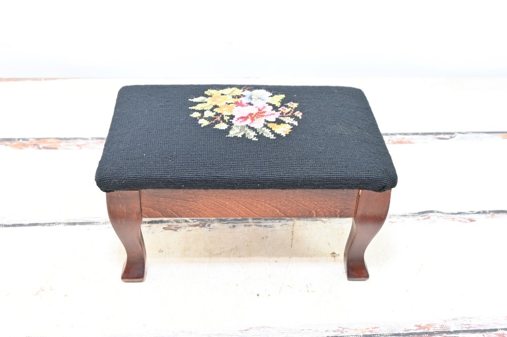 Vintage Floral Needlepoint Footstool Wool Rectangular Victorian Flowers 14.5x9.5