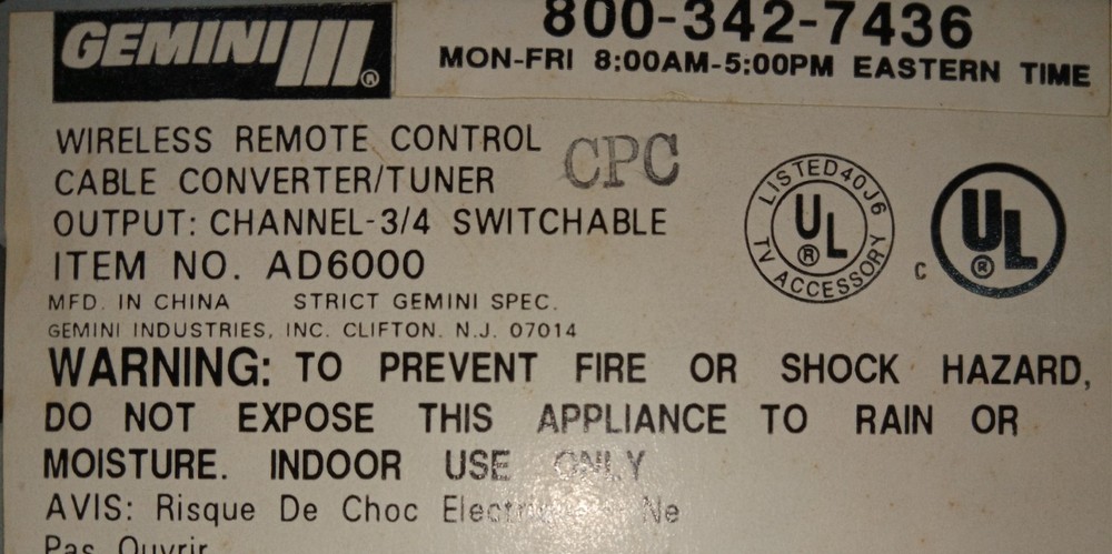 Gemini AD6000 Remote Control Cable Converter Tested - Works (NO REMOTE)