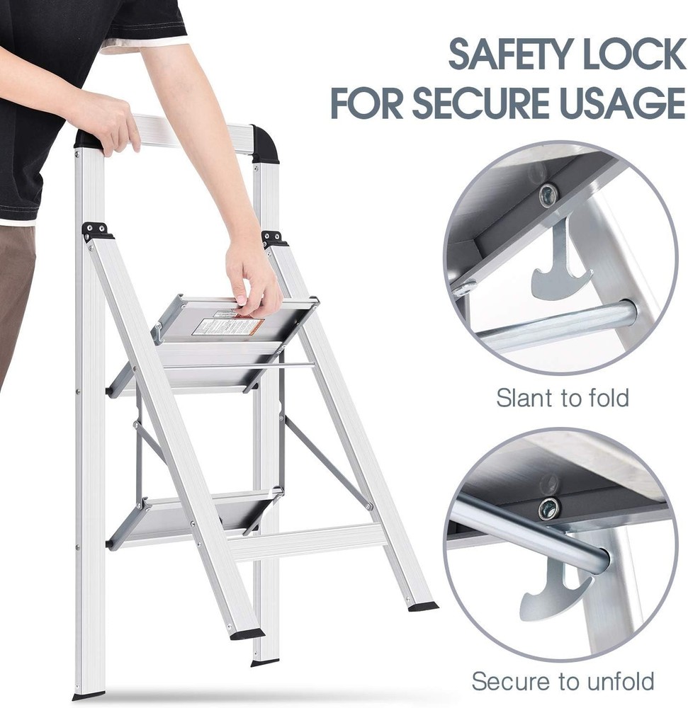 Portable Silver Step Ladder, 2-Step Design with Handrail for Easy Storage