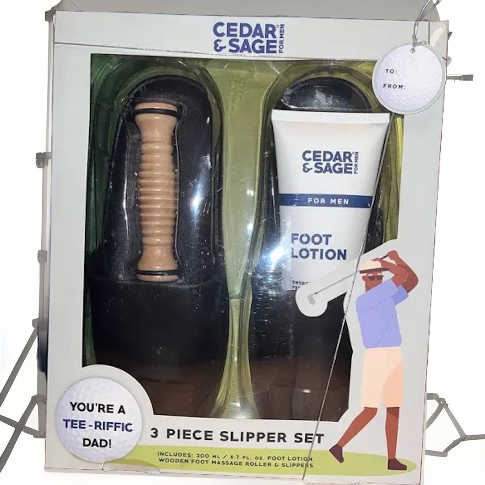 Cedar & Sage for Men 3+2 Pcs Slipper DIY Dad 2 Sets Includes Lotion & Msg Roller