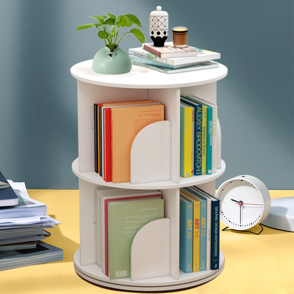 360° 2-Layer Rotating Bookshelf Bookcase Freestanding Storage Shelf Display Rack