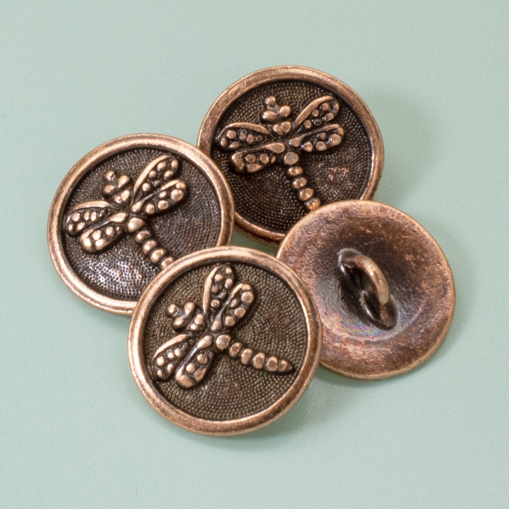 4 Copper Dragonfly Buttons, Loop Shank Back for Leather Cord & Fabric Projects