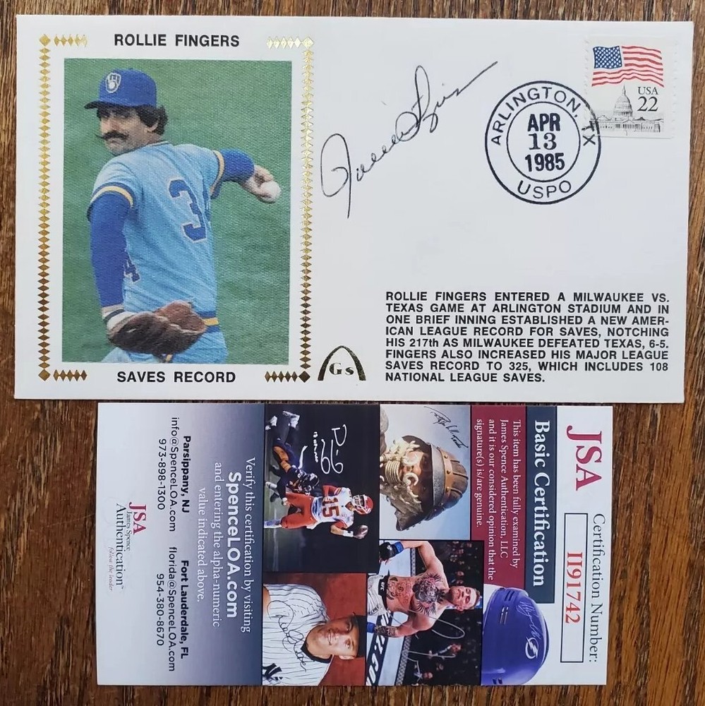 NICE Autographed Signed Brewers A's Rollie Fingers Envelope Cachet Baseball JSA