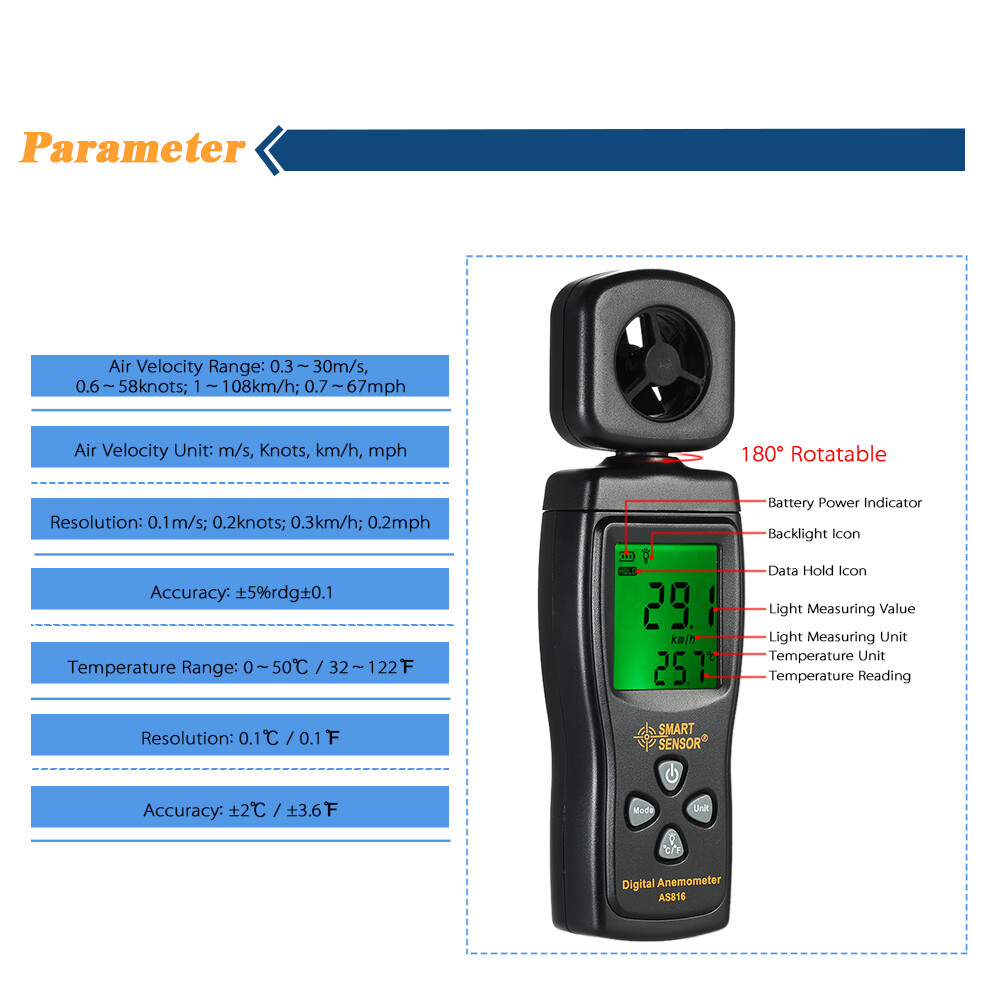 SMART SENSOR Mini Anemometer LCD Digital Wind Speed Meter Air Velocity A8M4