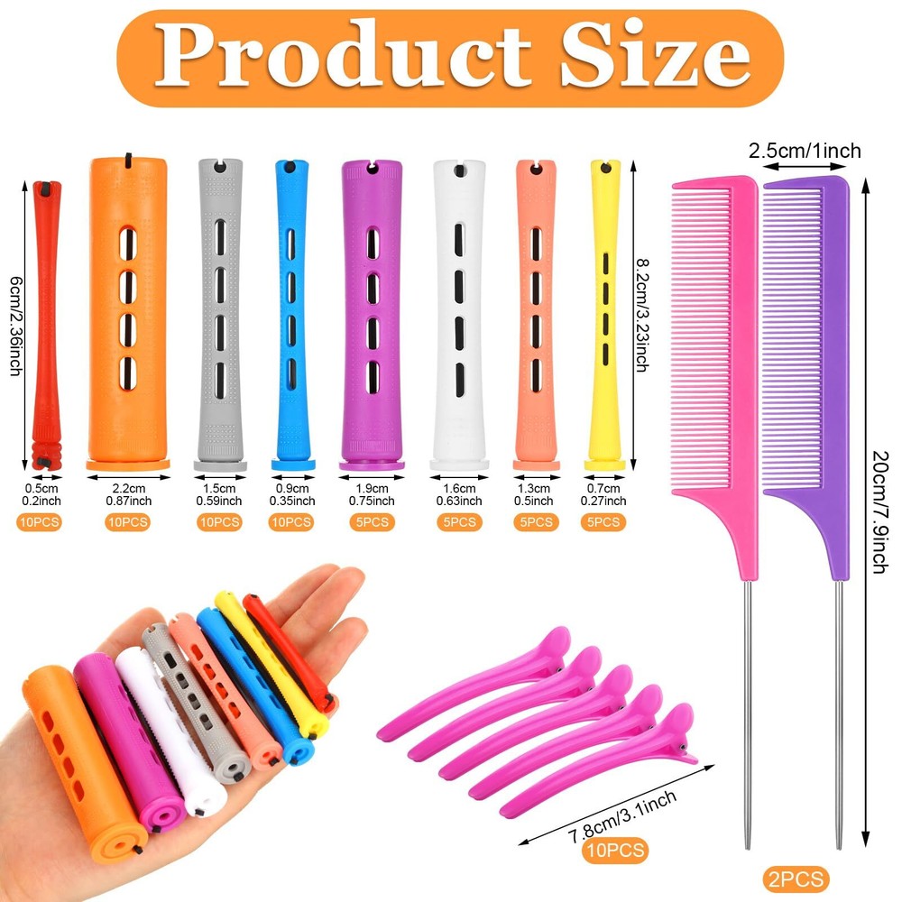 60 Pcs Perming Rods Set - 8 Sizes Cold Wave Rollers with Rat Tail Combs Clips...