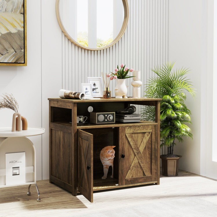 Cat Litter Box Enclosure Entry Box Barn Doors Side Table Divider W/Storage Shelf
