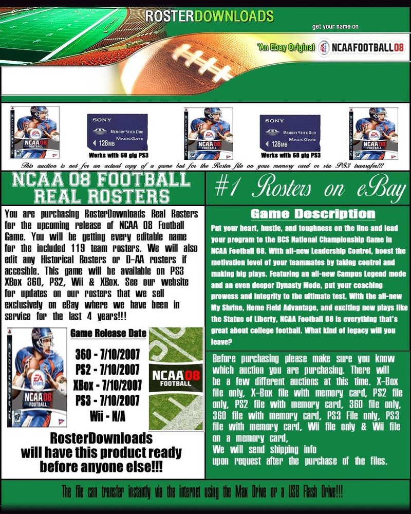 NCAA 08 2008 Football Real Rosters PS3 USB Memory Card