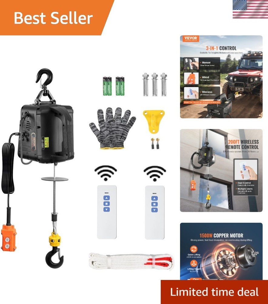 Versatile 1100 lbs Electric Hoist Winch - 3 Control Modes & Overload Protection