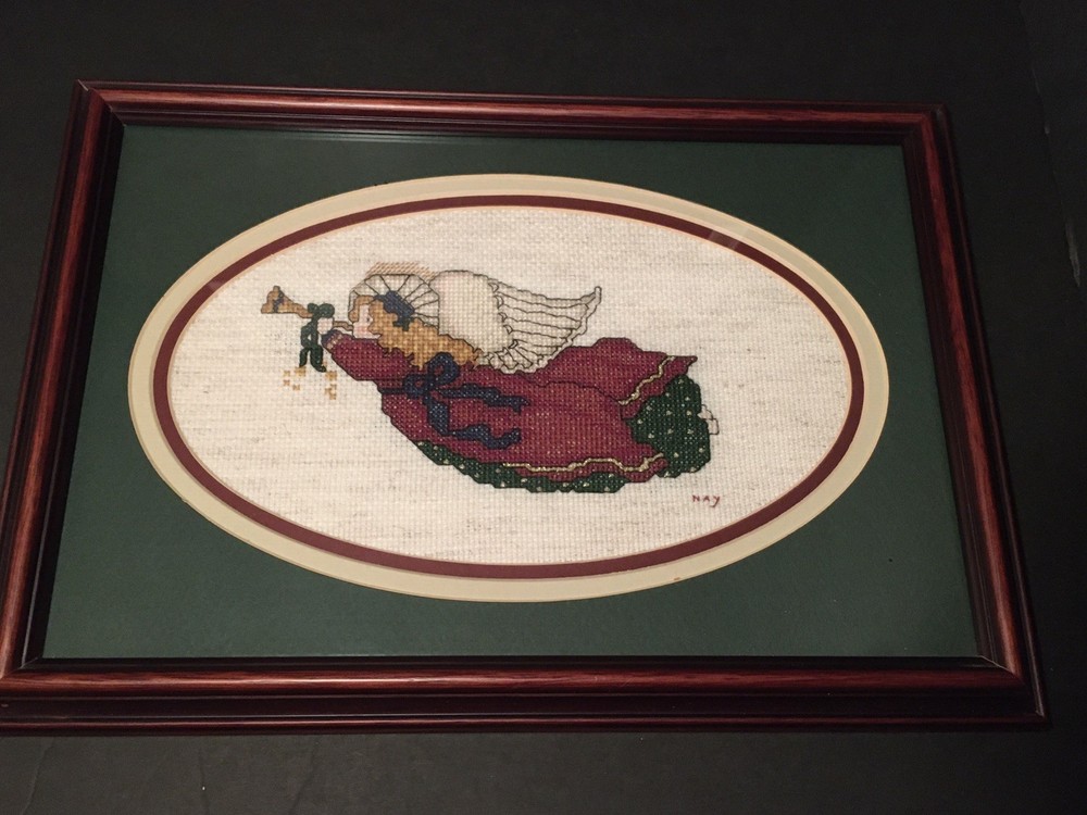 Angel Cross Stitch Matted & Framed Finished Complete Wood Frame