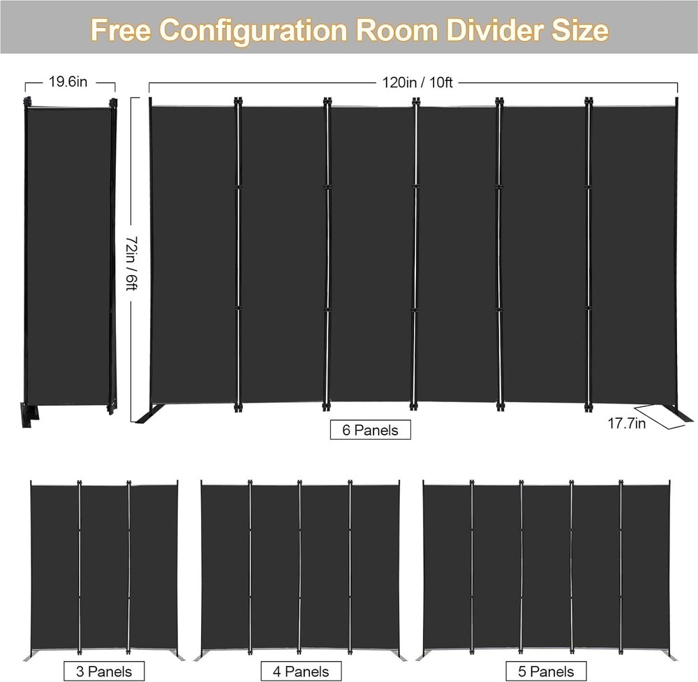 Room Divider Panel Screen 6 Panel Folding Privacy Screen Portable Partition Wall