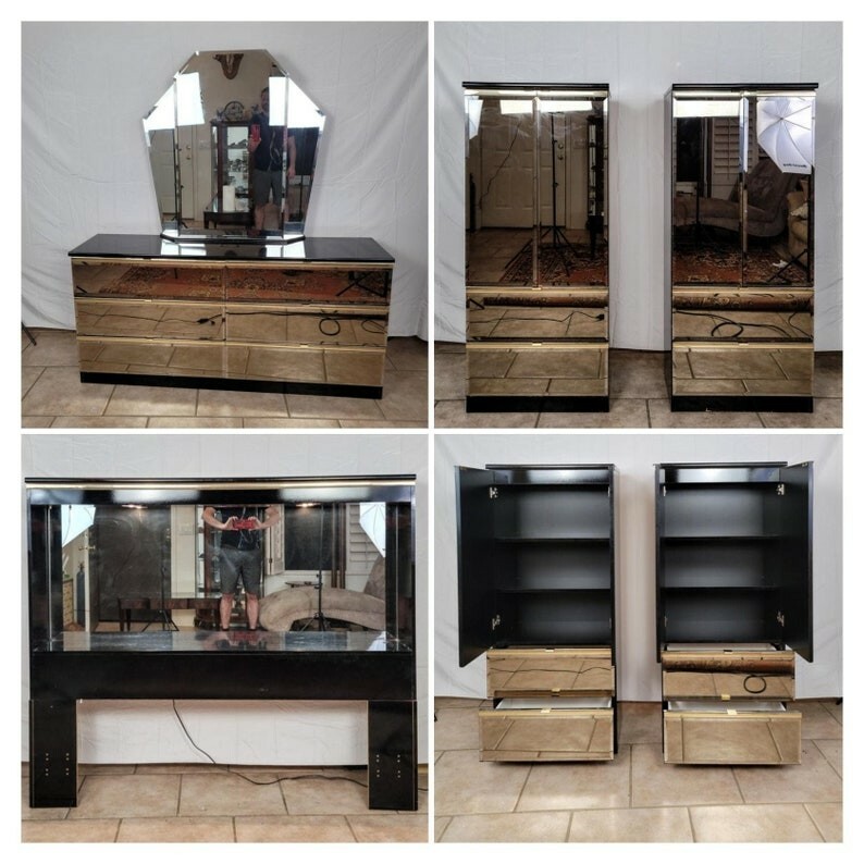 Vntg. 5 Piece, Queen Bedroom Set, Smoke Mirror Front, Black Laquer, & Brass
