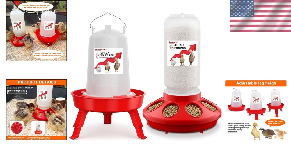 Adjustable Height Chick Feeder & Waterer Set - Space-Saving Anti-Drown Features