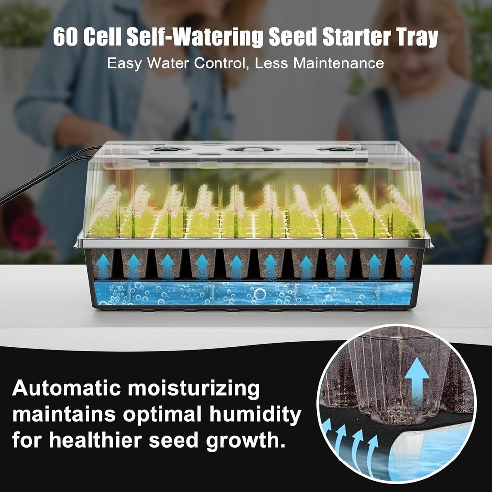 60-Cell Seed Starter Kit with Auto Timer, Grow Lights & Humidity Domes