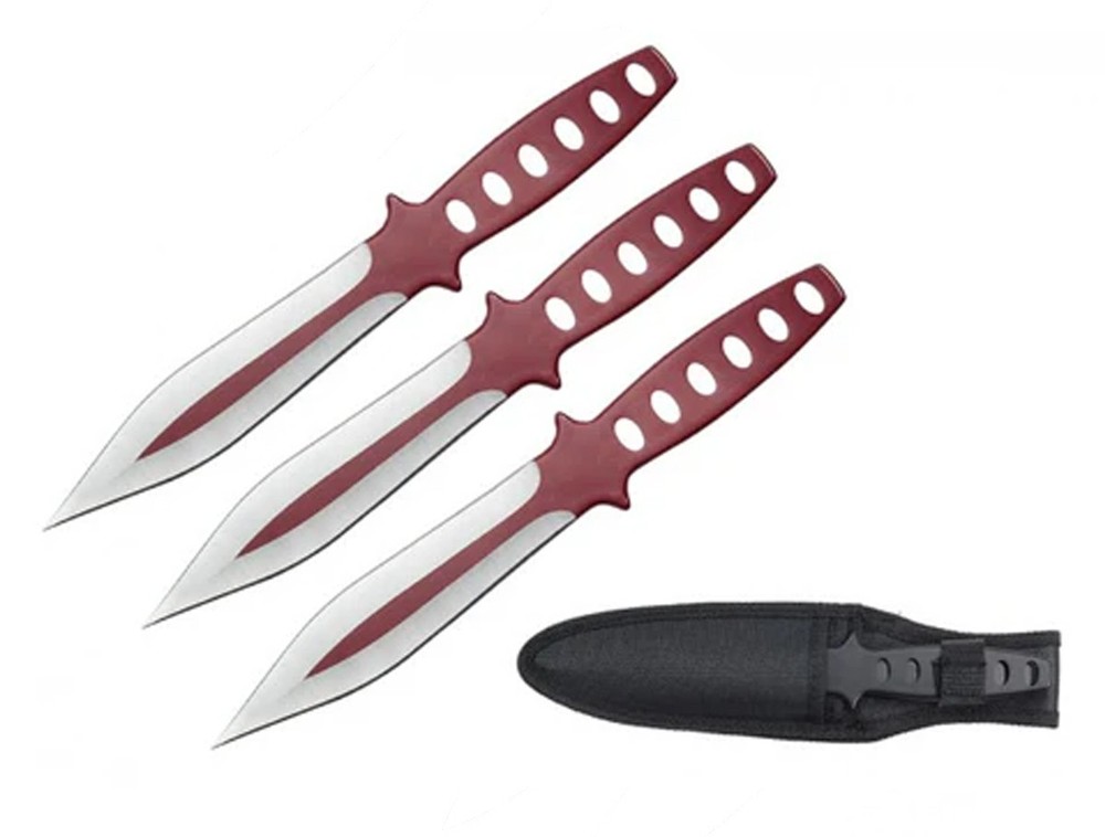 9" 3 PC SET RED & SILVER THROWING KNIVES
