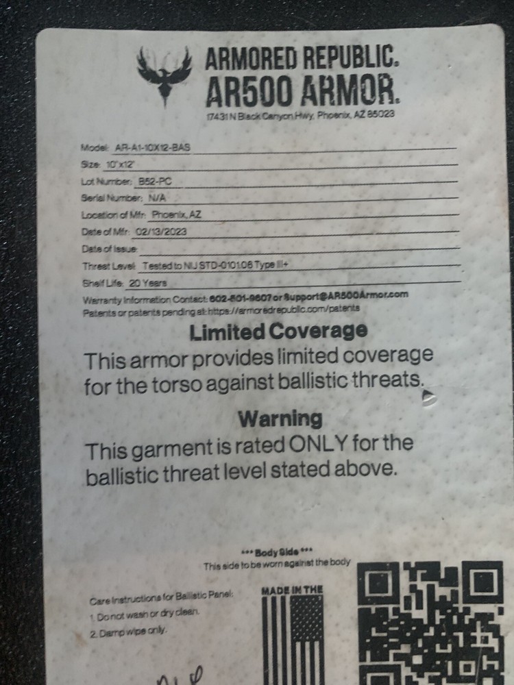 10x12 bullet proof plate Level 3+