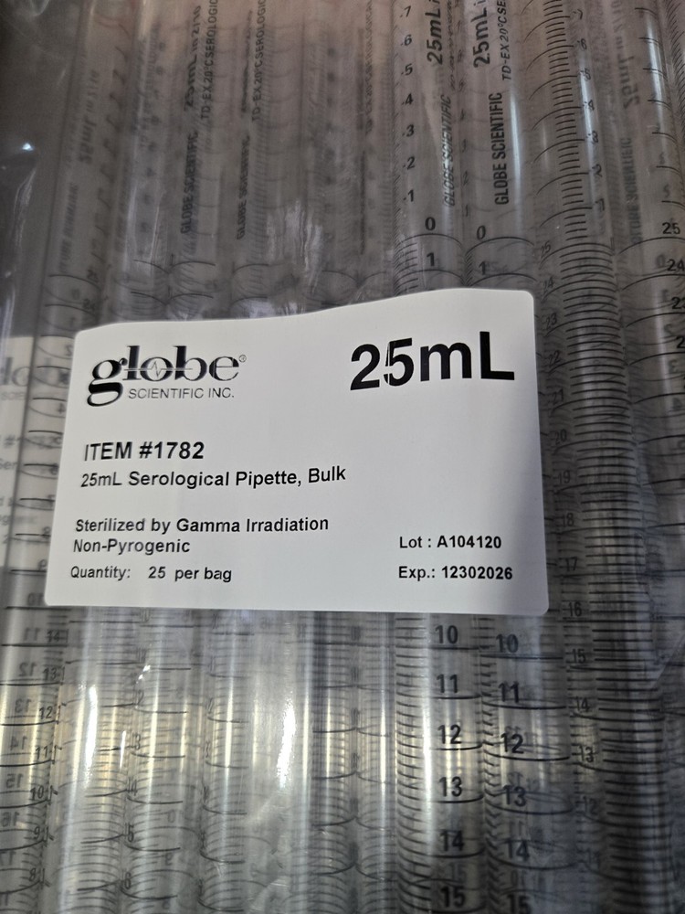 100 Globe SCIENTIFIC Polystyrene 25mL Graduated Serological Pipette 12/2026