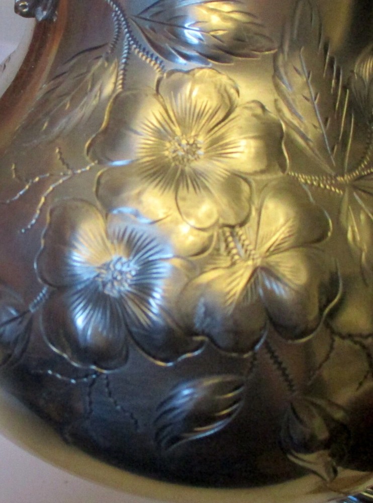 VTG SILVER PLATE PITCHER Jug CONN Repousse Embossed Flowers Fox Dragon Handle