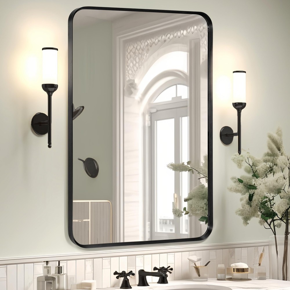 Wall Mount Mirror for Bathroom, Brush Black Metal Framed Rounded Corner Recta...