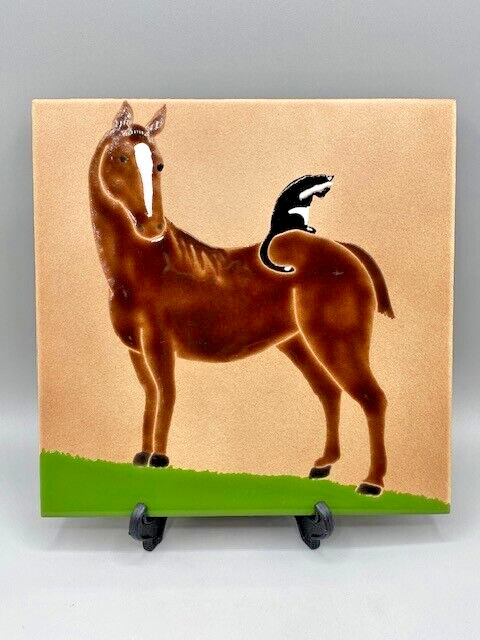 Ceramic Hand Painted Horse with Cat Tile Trivet 7.75" Square EUC