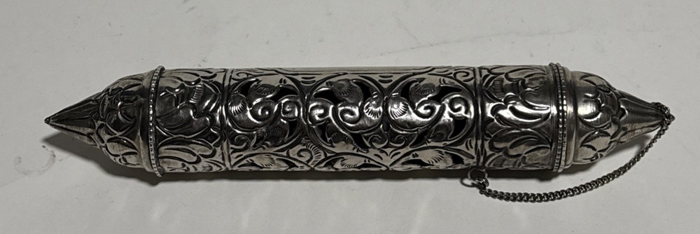 VINTAGE PRAYER SCROLL HOLDER 9” Silver Metal