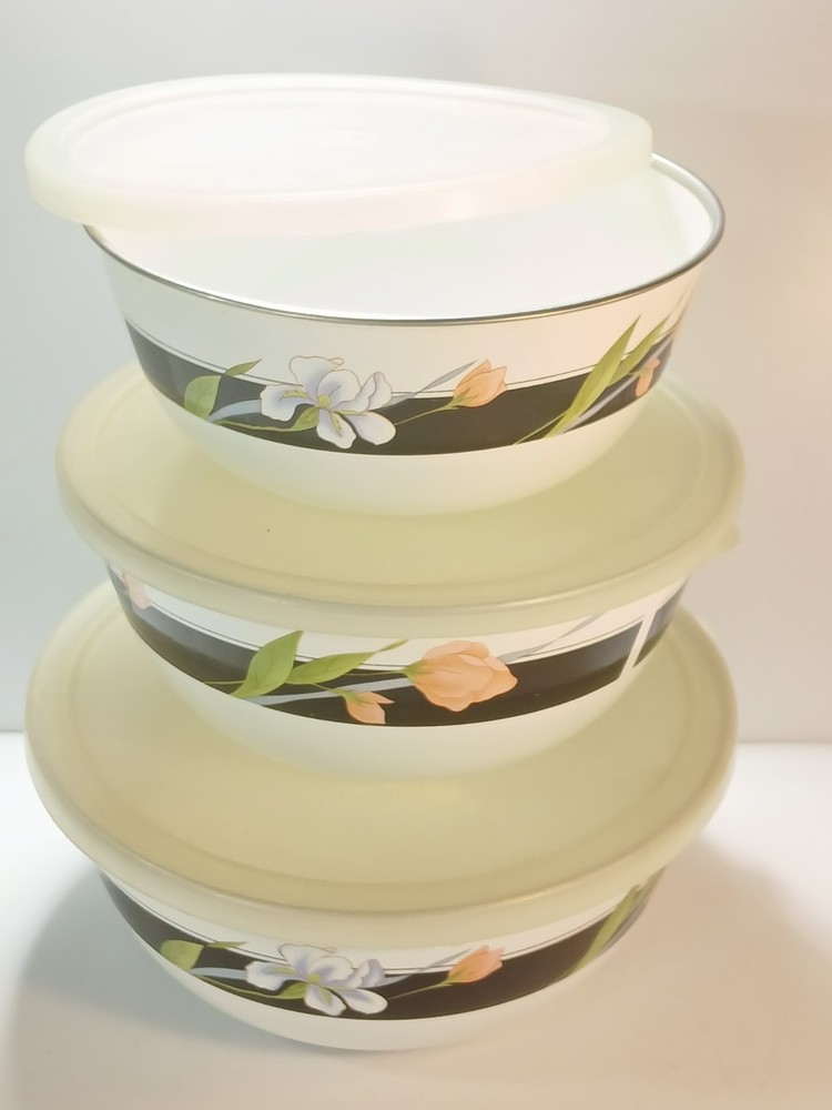Vintage Enamelware Set Sanyo Cookware Set 3 Bowls + Lids  Iris Pattern
