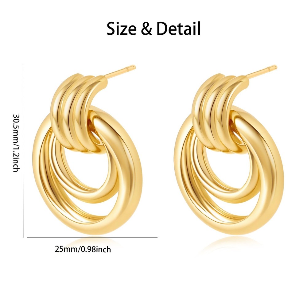 Gold-Plated Chunky Earrings, Knot Link Circle Drop Dangle Statement Studs for...