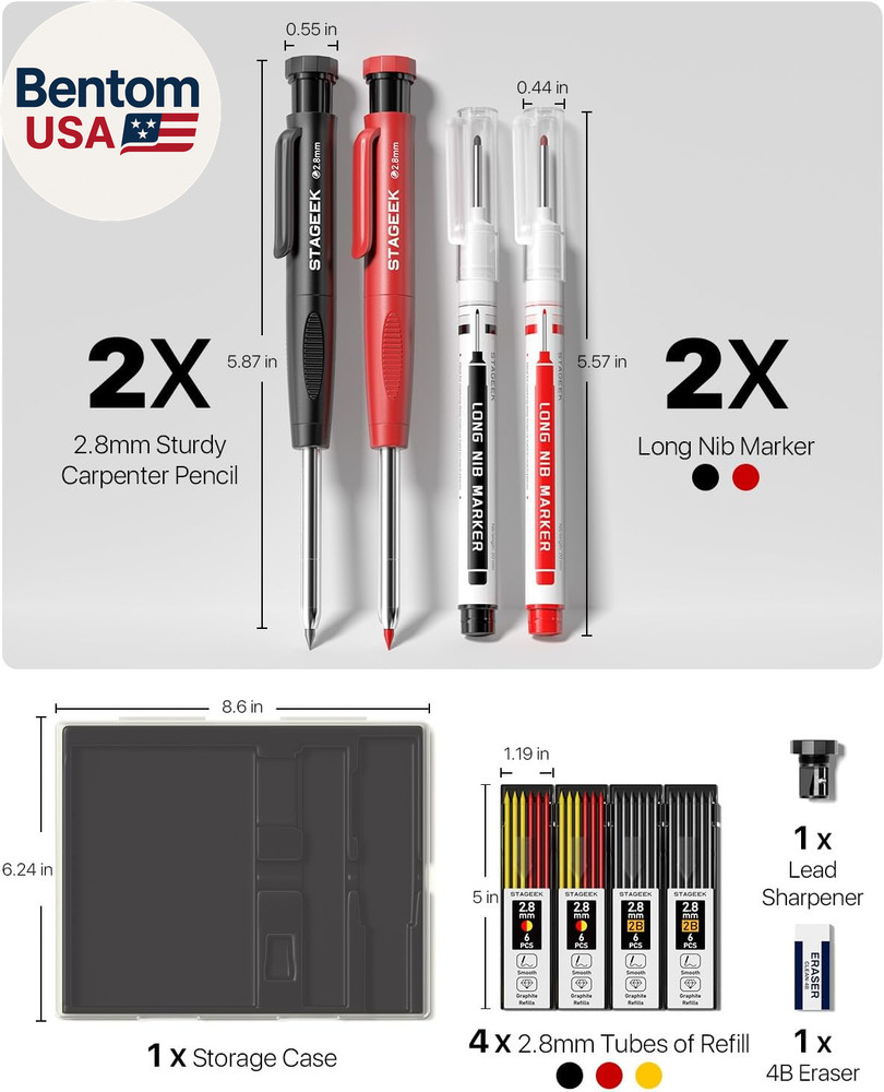2PCS Carpenter Pencils with Sharpener, Heavy Duty Woodworking Tools, Mechanical