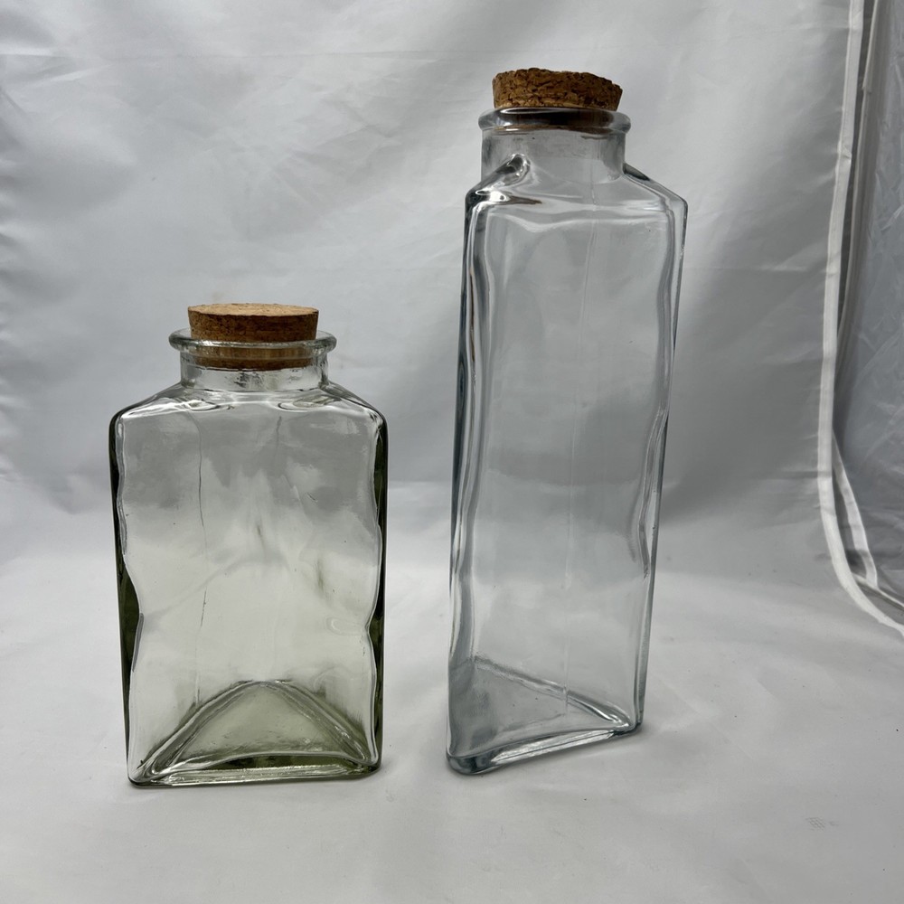 2 Triangle Glass Bottles w/ Corks – 9.5" & 6.5" – Clear Geometric Décor