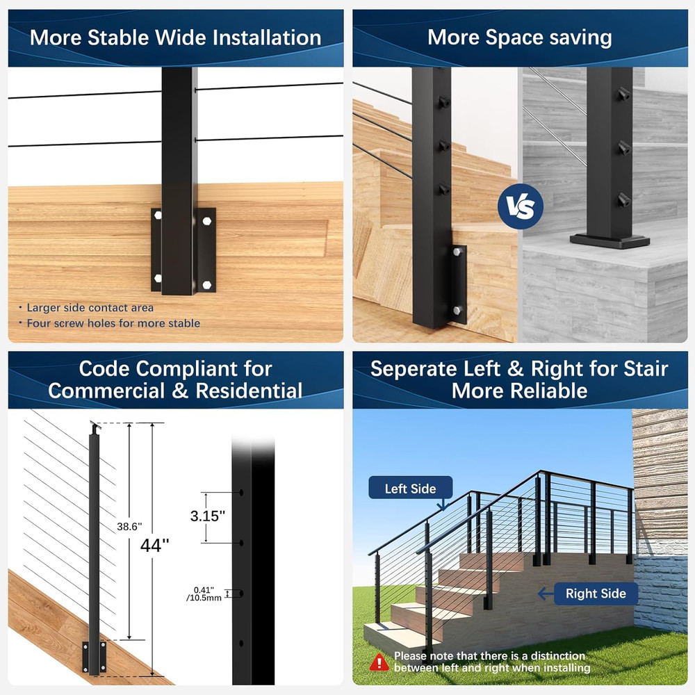 2 Pack Side Mount Stair Cable Railing Post Kits 44" for 36"/42" Systems