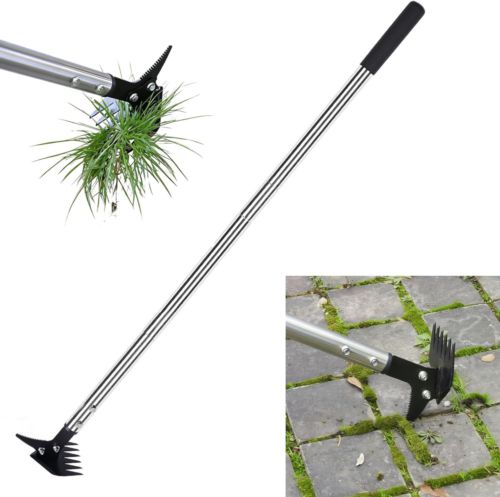 Weed Puller 61" Adjustable Long Handle, 2-In-1 Weed Rake & Crack Weeder with Det