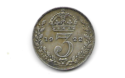 British 1922 Silver Threepence in Very Fine  Condition