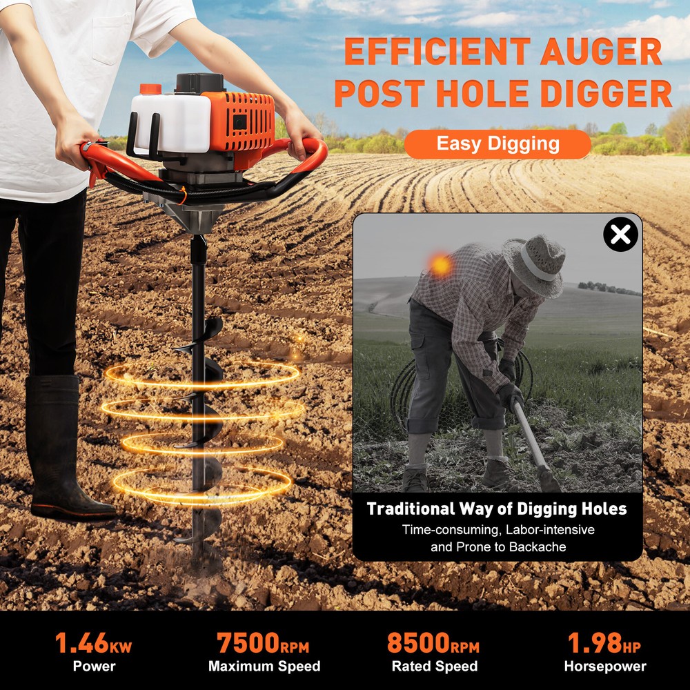 52CC 2 Stroke Post Hole Digger Gas Powered Auger Borer Fence Ground Drill+3 Bits