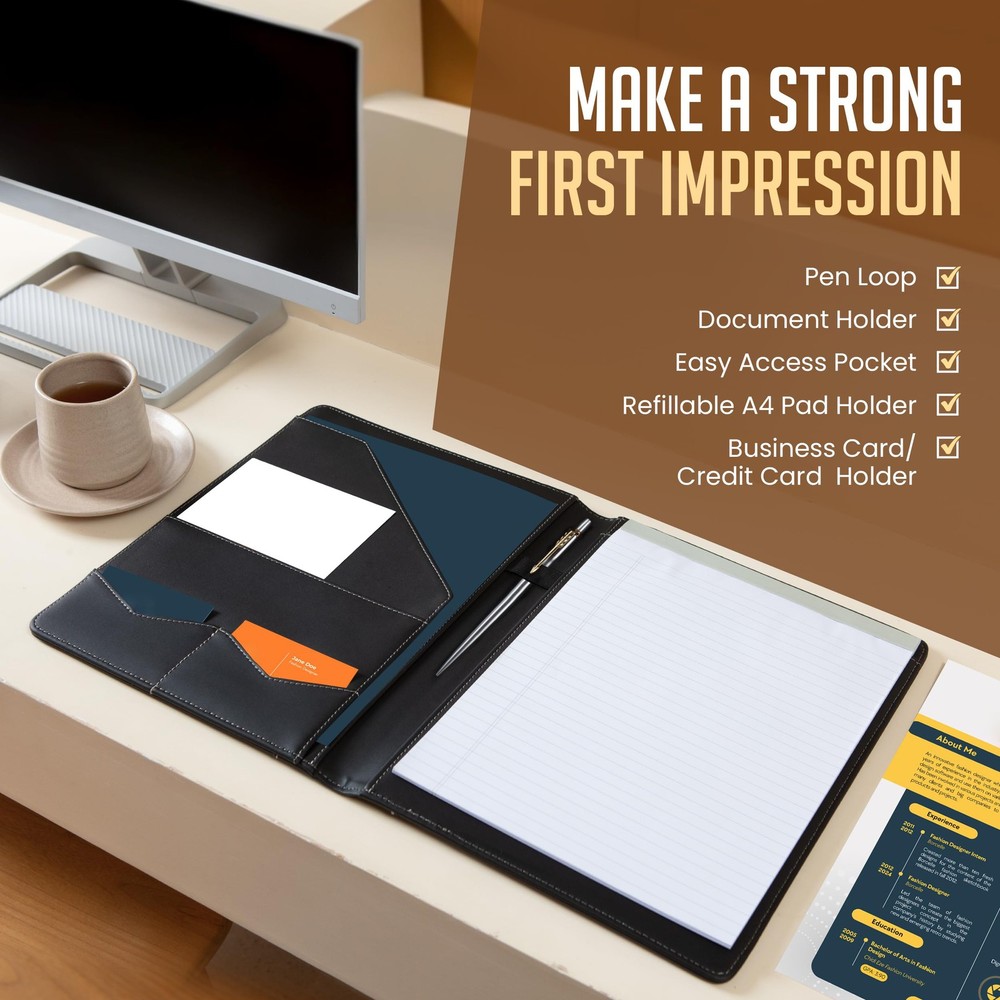 Business Document Organizer, Padfolio With Notepad, Card Slot, Black