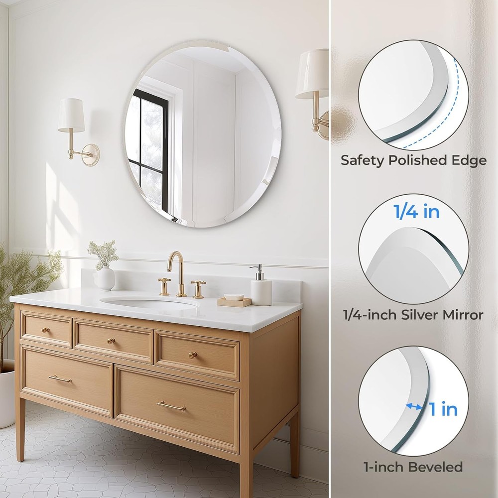 USHOWER 30" Round Frameless Bathroom Mirror Beveled Edge Circle Wall Vanity HD