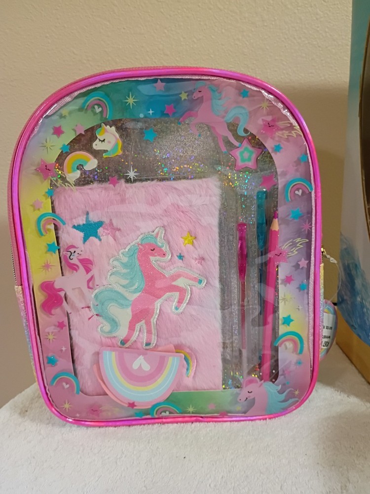 Unicorn Rainbow Glitter Backpack with Notebook, Sticky Notes, Pen, Pencil