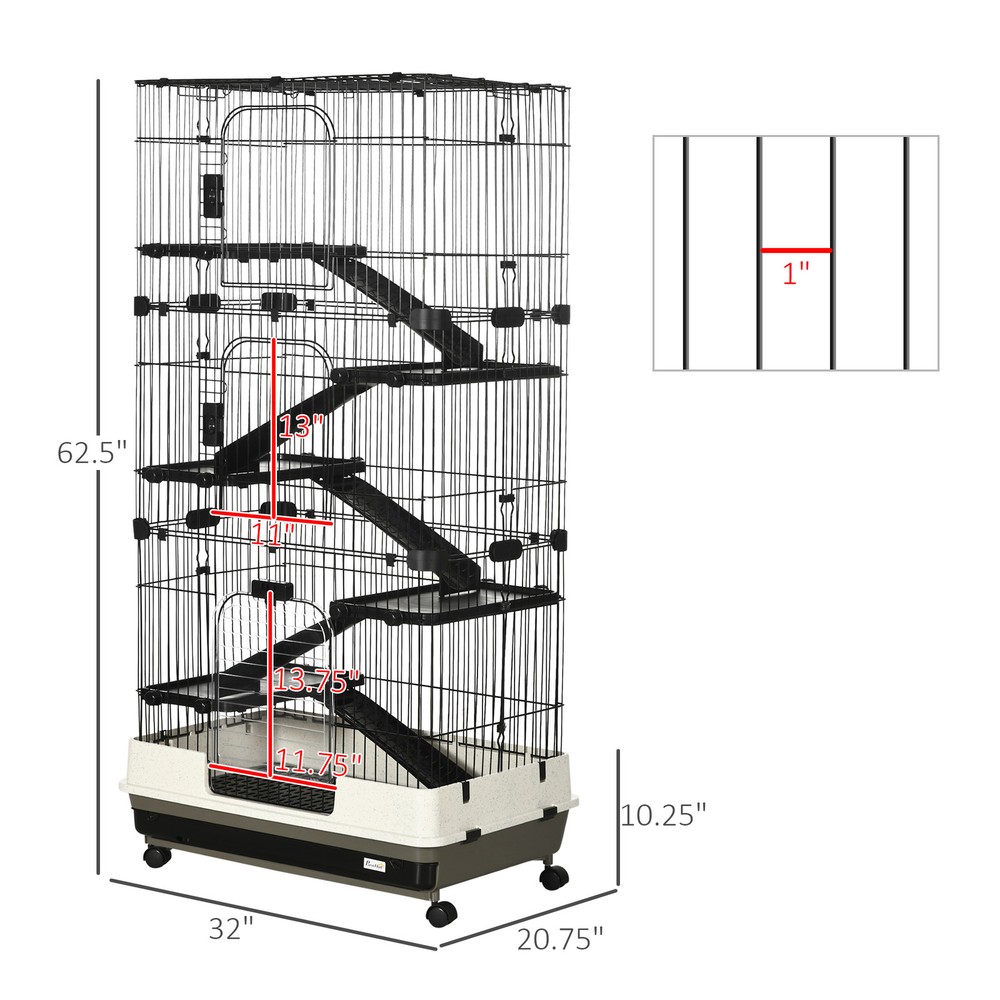 32"L 6-Level Small Animal Cage with Lockable Wheels, Tray, Black
