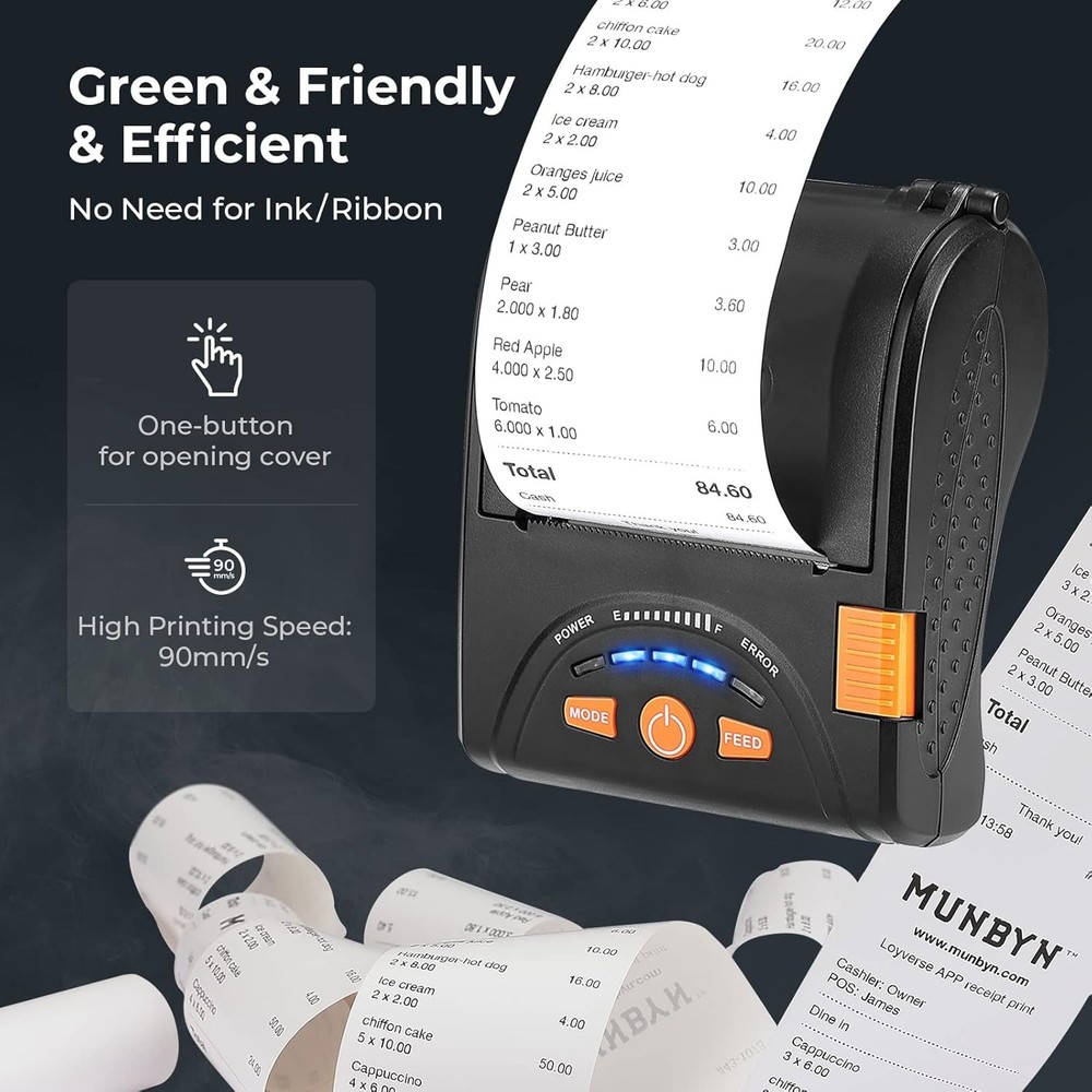 MUNBYN Bluetooth Receipt Mobile Printer, POS, Portable for Android/Windows, 58mm