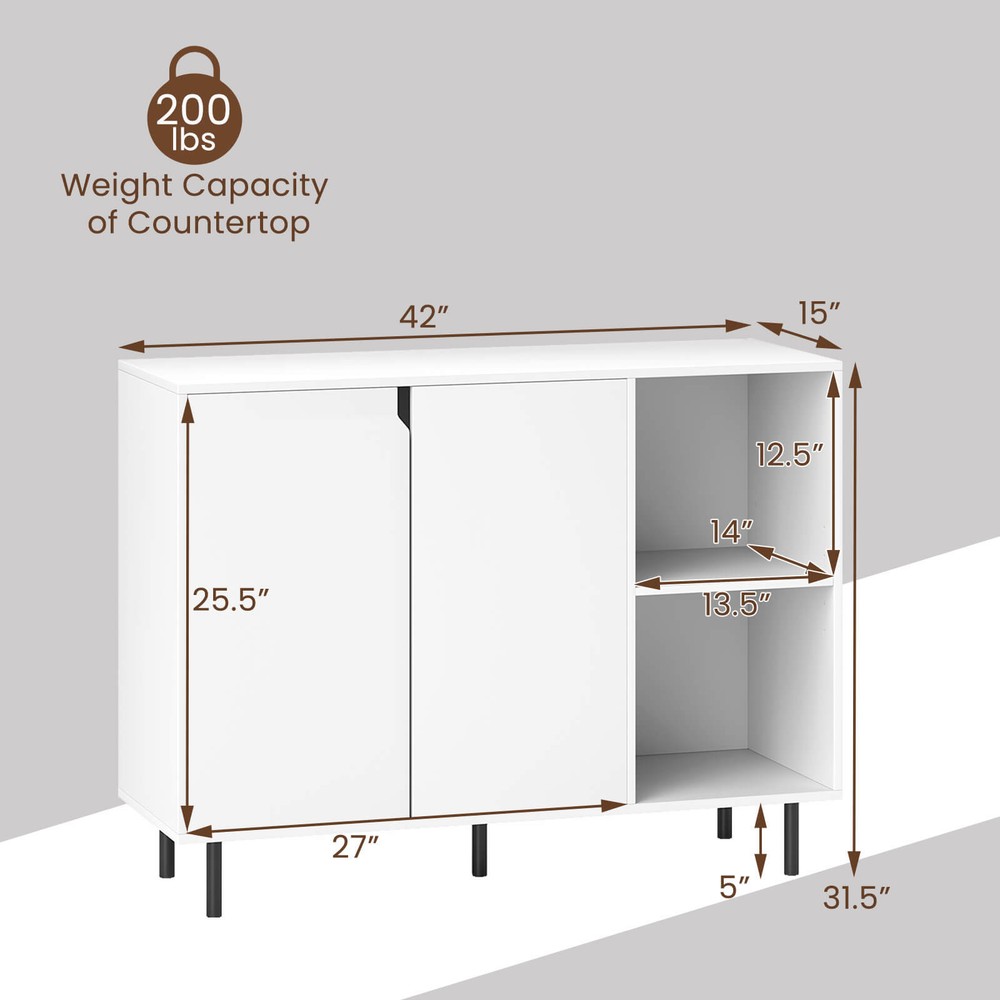 Kitchen Sideboard Buffet w/ Adjustable Shelves 2 Doors Sturdy Metal Legs White