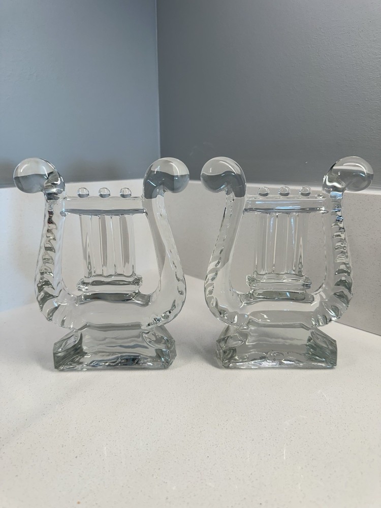 Pair Crystal Bookends Harp Shaped