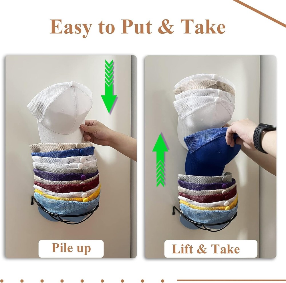 2-Pack Hat Racks for Wall Closet, Compact Organizer Baseball Black